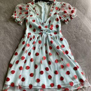 Smak Parlour Light Blue & Strawberry Print Woodstock Flare Dress